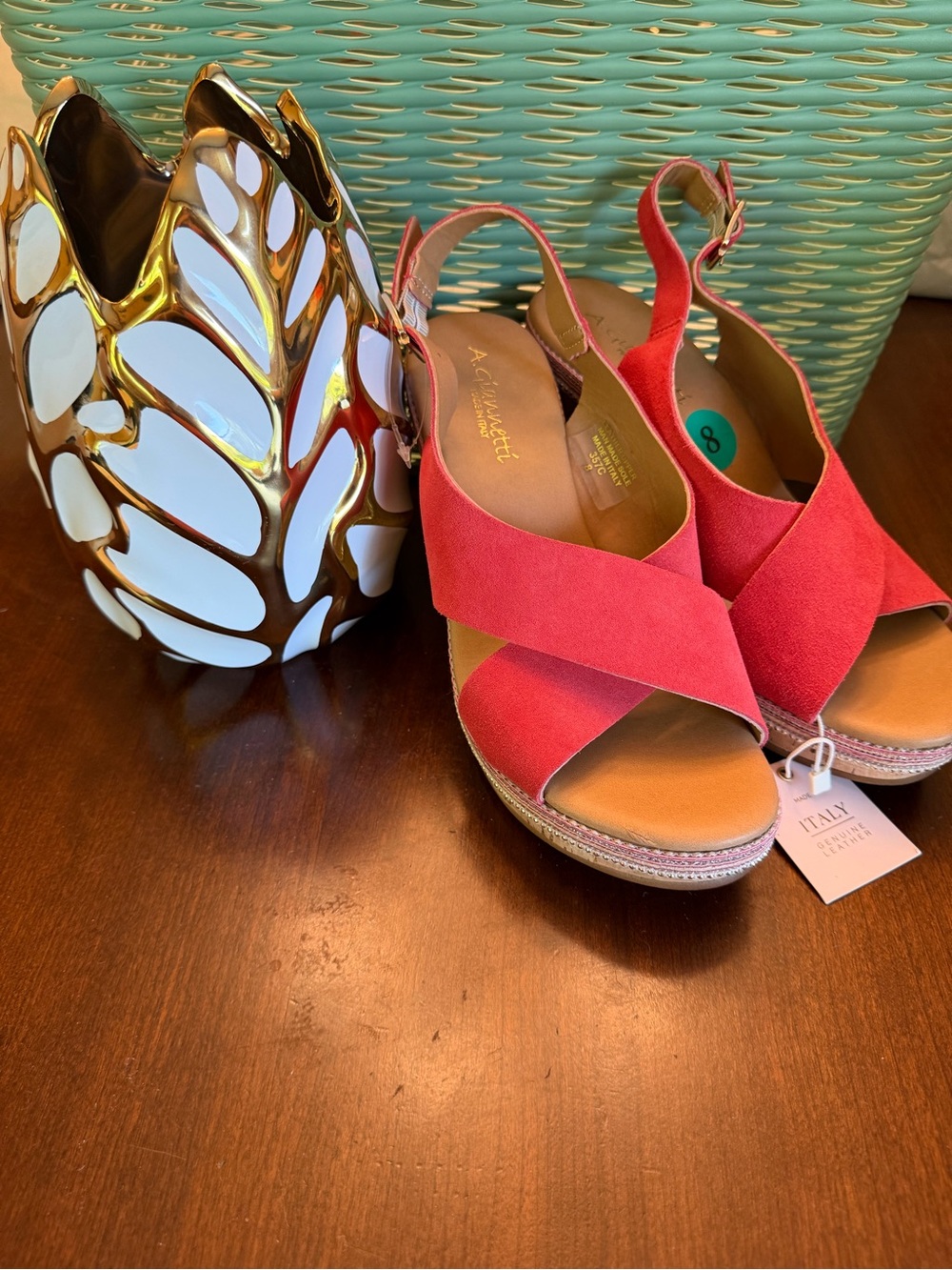 NWT A. Giannetti Pink Suede Crisscross Wedge Sandals SZ 8 Color